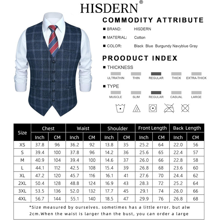 Жилет чоловічий HISDERN у клітинку, блакитний, для весілля та ділових зустрічей, бавовна