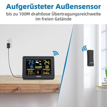 BALDR Weather Station Radio with Outdoor Sensor, Digital Color Display DCF Radio Clock Indoor and Outdoor Thermometer Hygrometer, Radio Weather Station with Weather Forecast, Barometer and Moon Phase, Power Adapter