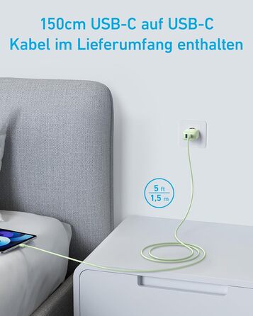 Зарядний пристрій Anker 20W USB-C, адаптер живлення для iPad, швидка зарядка, сумісний з iPhone 17/16/15, кабель USB-C (150 см), зелений