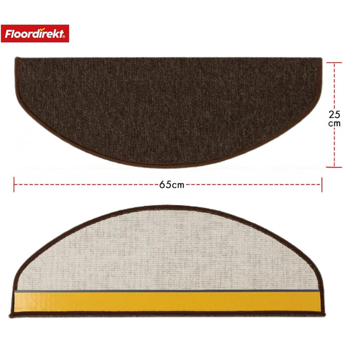 Килимок на сходинки Floordirekt 15 шт., 65x23 см, напівкруглий, темно-коричневий. Самоклеючий, для внутрішніх сходів. Захист сходів, стійкий килим.
