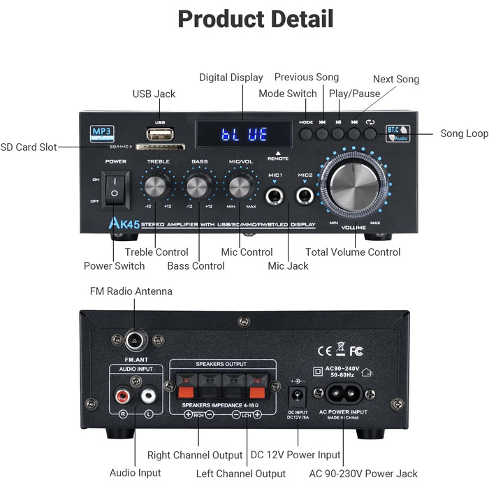 NEOHIPO HiFi-усилювач AK45 Mini, Bluetooth стерео аудіоусилювач 400Вт, 2-канальний, цифровий, з FM-радіо, SD/USB, для дому або авто, чорний