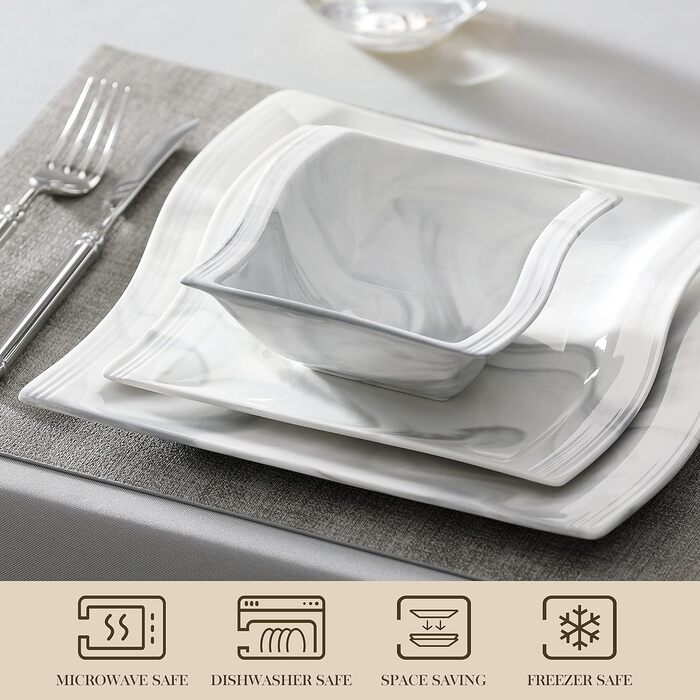 MALACASA Flora Marble Porcelain Dinnerware Set - 30 Piece Service with Coffee Cups, Saucers, Dessert Plates, Soup Plates & Dinner Plates (Gray)