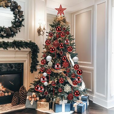 Набір прикрас на ялинку 101 шт., новорічний декор, пластикові кулі для ялинки, кулі на ялинку, зірка на верхівку, матові, глянцеві, багаторазові ялинкові кулі, 3, 4 та 6 см (червоні)