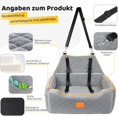 GL GLENSLAVE Dog Car Seat for Large/Medium Dogs - Elevated Pet Seat for Dogs Up to 25kg or 2 Small Dogs, Removable & Washable with Thick Cushions & Storage Pockets (Gray)