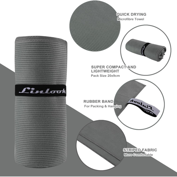 Рушник з мікрофібри Linlook - великий, компактний, швидковисихаючий. Ідеальний для спорту, подорожей, йоги, пляжу, тренажерного залу. Розмір: 180x80 см, колір: зелений/сірий