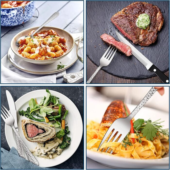 Herogo Cutlery Set, 6 Place Settings, 36-Piece Stainless Steel Cutlery Set with Knife, Fork, Spoon, Steak Knives, Modern Hammered Handle Flatware for Home/Party/Restaurant, Dishwasher Safe, Rustproof