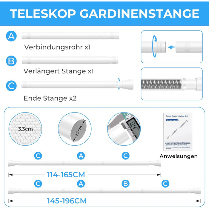 Штанга для штор без свердління 113-196 см, телескопічна, для ванної, вікна, кухні, шафи, біла (1 шт.)