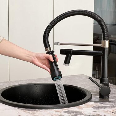 Чорний кухонний змішувач LED з висувною лійкою, поворотний на 360°, з спіральною пружиною, однорідний, для високого тиску, з висувною насадкою, з LED-підсвічуванням
