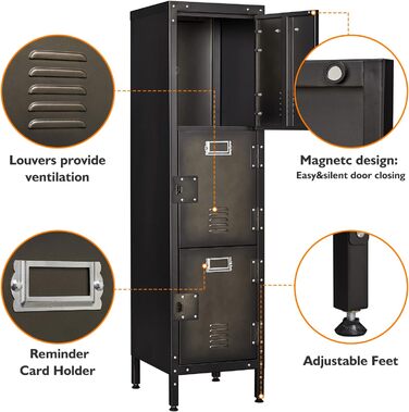 Metal locker with lockable doors, industrial steel cabinet for school, home, office, garage, H140*W38*D46 cm (3 doors)