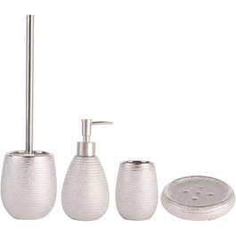 Набір для ванної кімнати MSV Oman, 4 шт. з кераміки: мильниця, тримач для зубних щіток, дозатор для мила та щітка для унітазу, сріблястий