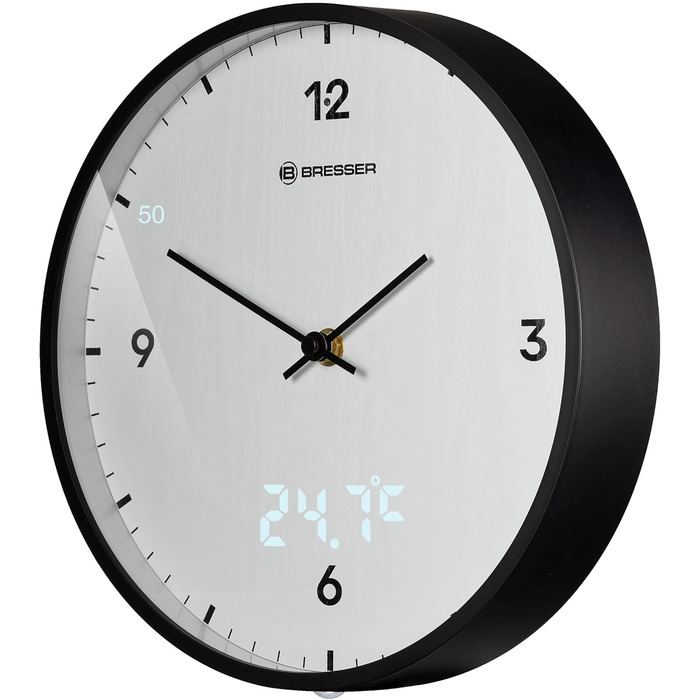 Bresser MyTime Wall Clock with Radio Control, No Ticking Sound, 24 cm Dial, LED Second Display, Indoor Temperature, and Silent Radio Movement, (White)