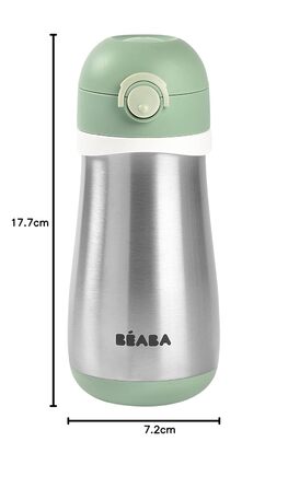 BÉABA Stainless Steel Kids' Water Bottle 2-in-1, Water Bottle/Glass Function, Push-Button for Easy Opening, Stable, Healthy, Detachable Handles, Stainless Steel Cold/Warm Insulation Function, 350ml, Old Pink (Pale Green - 350ml)