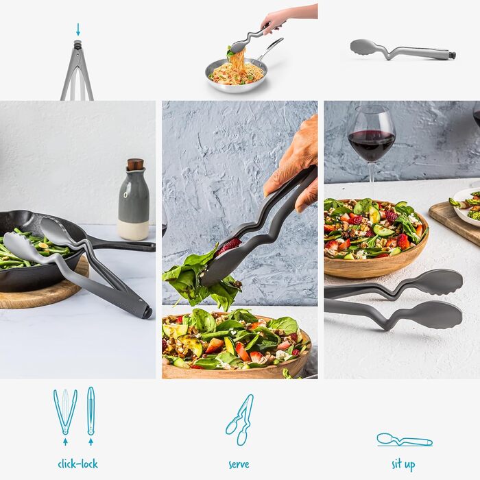 Dreamfarm CLONGS Kitchen Tongs | Stainless Steel and Silicone | 23 cm | Tongs for the Kitchen with Closure | For Placing and Resting on Surfaces or the Pan | Dishwasher Safe | Heat Resistant up to 260°C (Gray, 26.7 cm (10.5 inches))