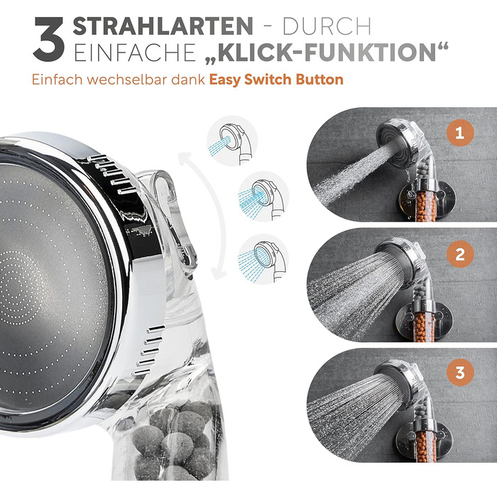 Premium showerhead with mineral stones from happydrop - The water-saving hand shower with pressure-increasing effect and 3 spray patterns