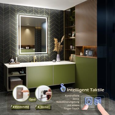 Дзеркало для ванної кімнати LED з підсвічуванням, туалетне дзеркало настінне, 6500K, антитуманне, водонепроникне IP44, вертикальне/горизонтальне (70 x 50 см)