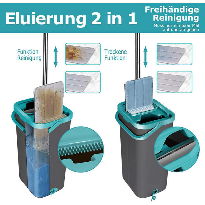 Набір для миття підлоги з відром, Masthome, компактний, з віджимом, 3 мікрофібрових насадок, нержавіюча сталь, 2 в 1, для дерев'яних, плиткових та мармурових підлог (сірий+блакитний, 3.7л)