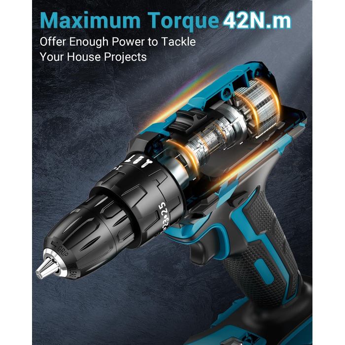 Акумуляторний шуруповерт MHPRO 21V з 2 акумуляторами 2.0Ah, 42Nm, 25+3 ступені крутного моменту, LED, 10мм патрон, 14-ти частинний набір для дому та саду