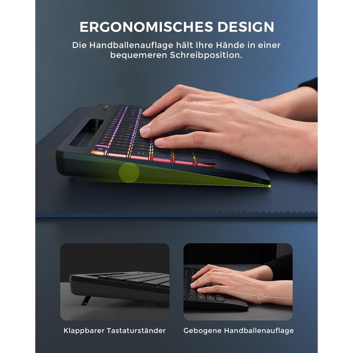 Бездротовий комплект клавіатури та миші Seenda JPX006 з підсвічуванням, USB/Type-C, QWERTZ, з підставкою для телефону та підкладкою для зап'ястя, для PC/Windows/Mac, тихий клік, чорний