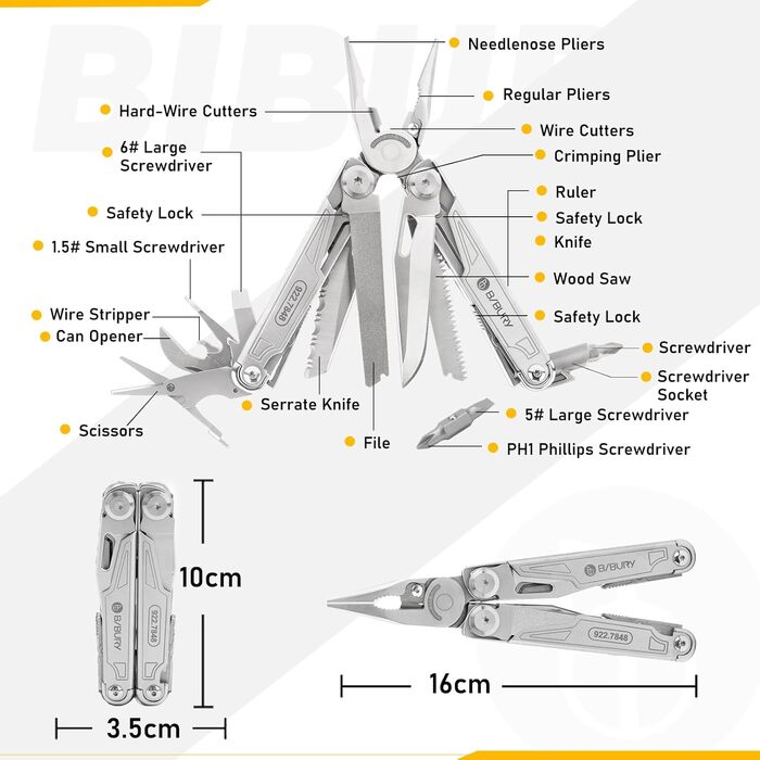 BIBURY Multifunctional Pliers with Bottle Opener, Foldable Multitools for Men, Portable Multifunction Tools with Lockable Blades, Multi Tool ideal for Outdoor, Camping, Hiking, Repairing...