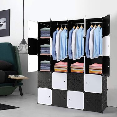Regal system, 10 cubes, plastic wardrobe with doors, modular cabinet for space-saving storage, 70 x 45 x 175 cm, white door & black cabinet. Storage for clothing, shoes, etc. (140 x 45 x 175 cm, black and white)