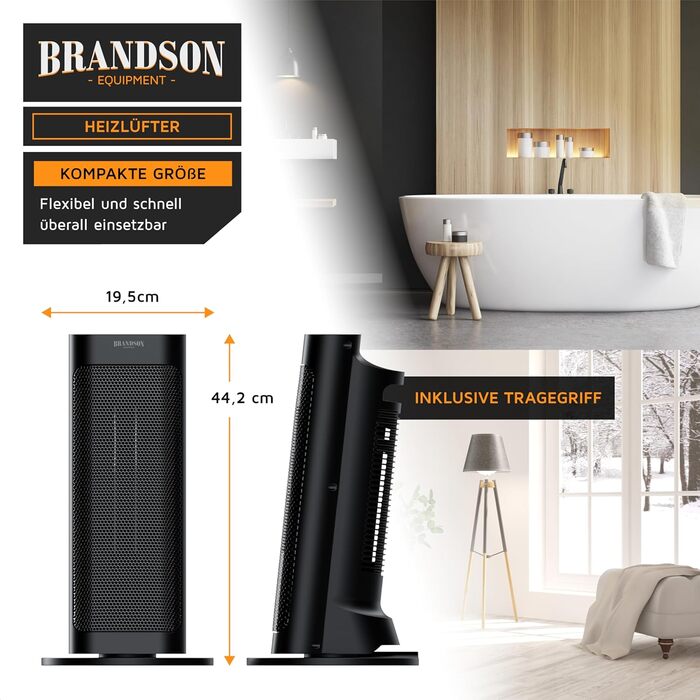Електричний обігрівач Brandson: тихий, енергоефективний, з керамічним нагрівачем та пультом керування. Оснащений термостатом, захистом від перегріву та функцією осциляції. Підходить для ванної, спальні та вітальні. Колір: чорний