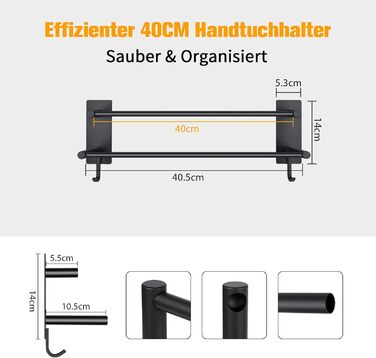 Тримач для рушників без свердління, 60 см, самоклеючий, з гачками, нержавіюча сталь, вологостійкий, для ванної кімнати та кухні (Чорний, 40 см)
