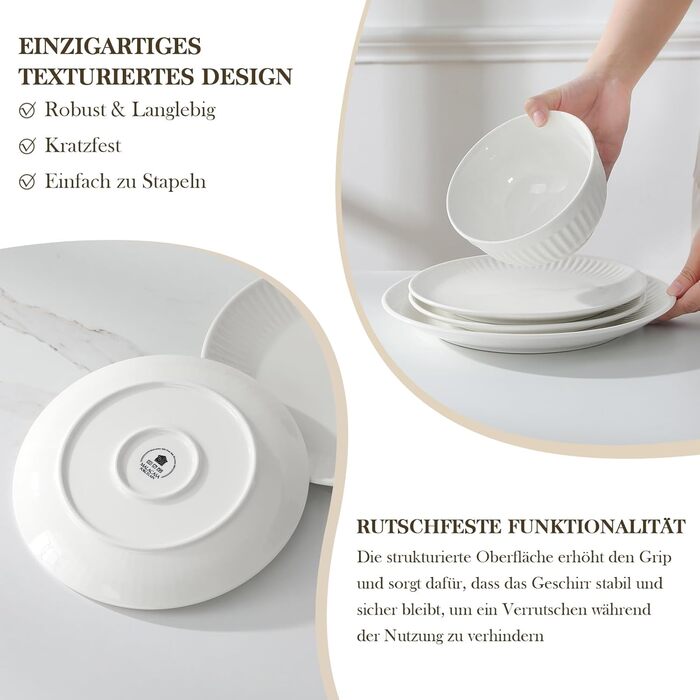 MALACASA LEILA Набір посуду на 6 осіб, 24 елементи: тарілки, миски, порцеляна, ручна робота, для мікрохвильовки та посудомийної машини, білий