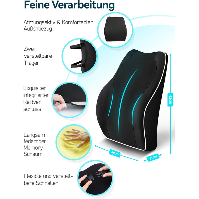 Подушка для спини Ergonomisches RückenKissen Travel Ease з Memory Foam - для офісного та комп'ютерного крісла, чорна