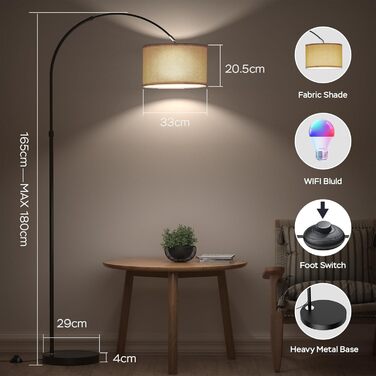Торшер для вітальні JASMIN I з LED E27, тканинний абажур 33 см, вимикач на нозі, вінтажний стиль, підходить для спальні, готелю (льон-rgb)