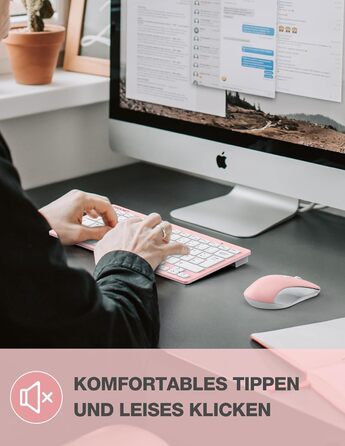 TECKNET Бездротова Клавіатура та Миша, QWERTZ, 2.4 GHz, 15м, Безшумна, для ПК, Ноутбука, Smart TV, Біла (Рожева)