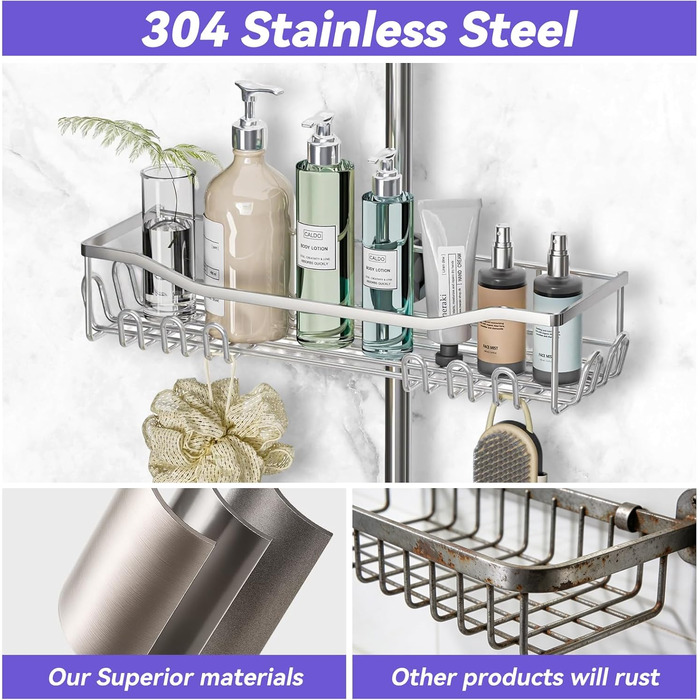 Двомісна поличка для душу без свердління, нержавіюча сталь 304, велика місткість, для стійок 18-25 мм, срібна