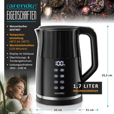Електричний чайник Arendo з регулюванням температури, нержавіюча сталь, подвійні стінки Cool Touch, дисплей, бездротовий, 2200 Вт, 1,7 л, захист від перегріву, функція підтримання тепла, чорний