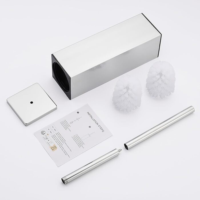 Набір для туалету ALFKET: щітка та тримач, нержавіюча сталь, з захистом від бризок, квадратна форма, з додатковою насадкою, 8x8x42.5 см, срібний