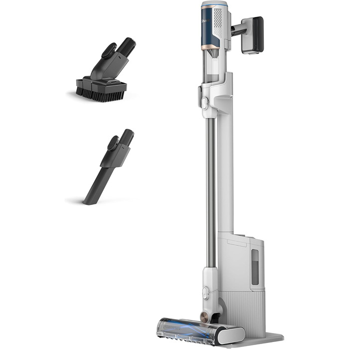 Пылесос Shark Clean & Empty с базой для автоматической выгрузки мусора, до 40 минут работы, беспроводной, самоочищающийся, для шерсти животных, ковров и твердых полов, с LED-подсветкой, тихий, белый/синий, BU3521EU