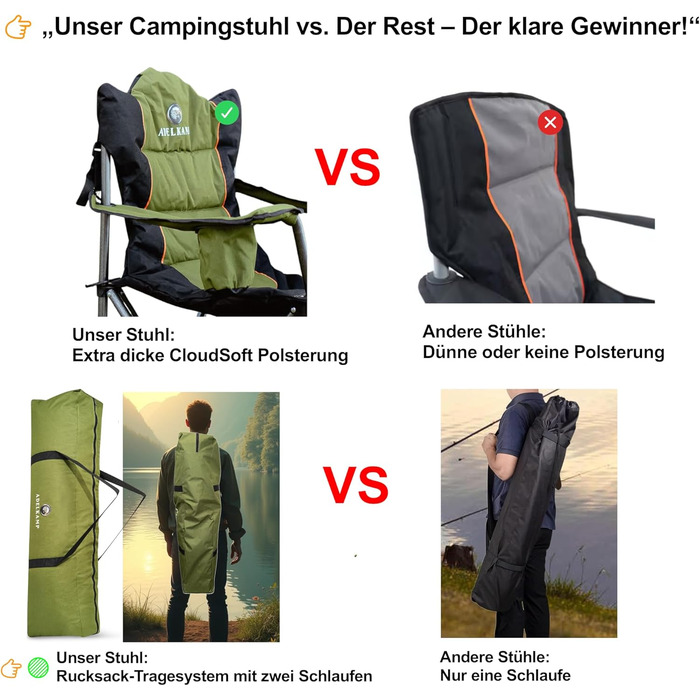 Складний туристичний стілець ADELKAMP з товстим м'яким сидінням, висока вантажопідйомність 150 кг, з сумкою-холодильником та тримачем для напоїв – переможець тесту 2024, преміум-якість, оливковий колір