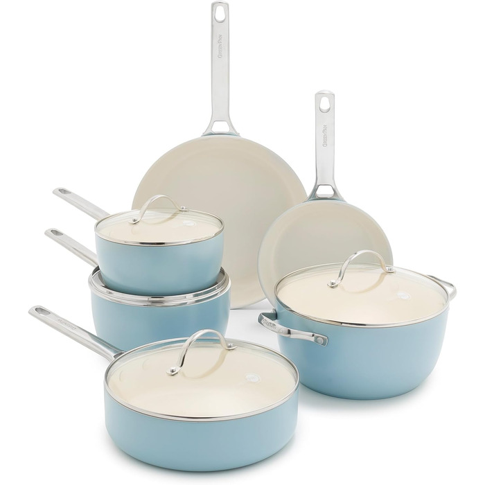 Набір посуду GreenPan Padova Pro 10 предметів: антипригарне покриття Ceramic, без PFOA/PFAS, індукційний, з нержавіючої сталі, Blue Haze