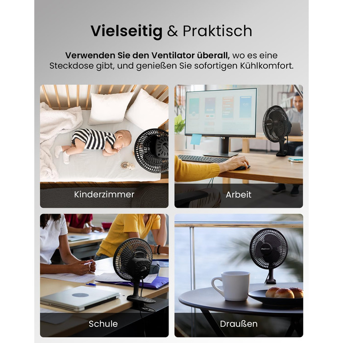 Mini вентилятор Pro Breeze з кліпсою, 20 см, 2 швидкості, тихий, для столу, офісу, кімнати (Чорний)