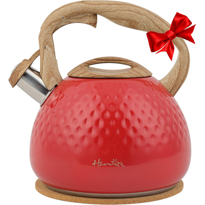 Чайник Harriet Teekessel для плити, 2,5 л, з флейтою, 5-шаровий, з нержавіючої сталі, з термостійким ручками, для газових та електричних плит, червоний, блискучий