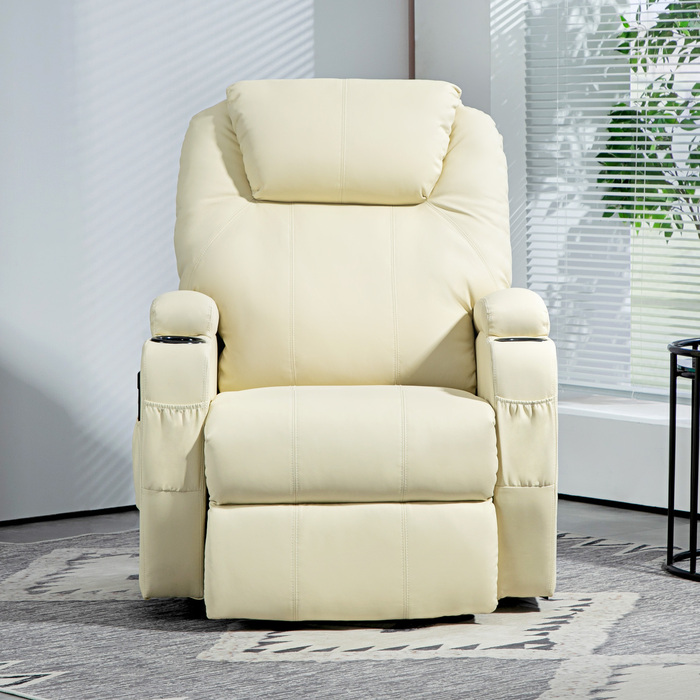 HOMCOM Power Lift TV Chair with Electric Recliner and Lie-Flat Function, TV Chair with Cup Holder, Side Pocket, and Remote Control, Faux Leather, Cream