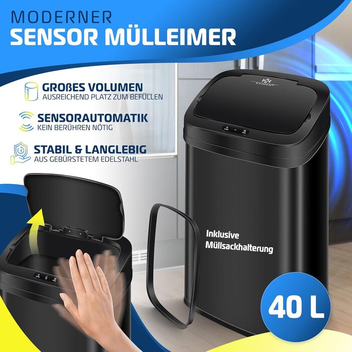 Відро для сміття KESSER® Sensor 40 л з автоматичним відкриванням, сенсором руху, м'яким закриванням кришки та LCD-дисплеєм. Нержавіюча сталь, з тримачем для мішка.