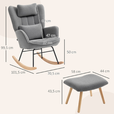 HOMCOM Rocking Chair with Ottoman, Soft Fleece Upholstery, Wooden Legs, Cushion, High Back, Rocker, Dark Grey