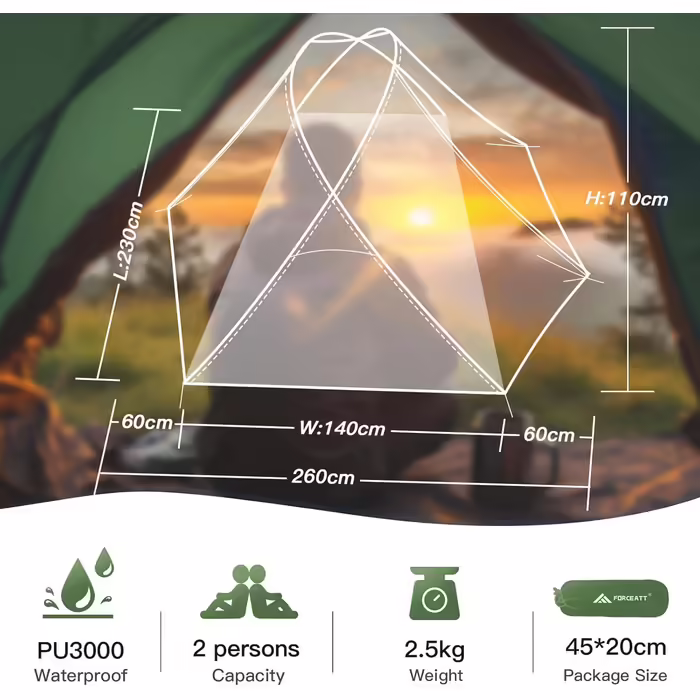 Forceatt Tent for 2 and 3 people, 4-Season | Ultralight for Camping, Backpacking, Hiking, and other Outdoor Activities | Double Doors, Waterproof, Easy to Set Up and Carry.