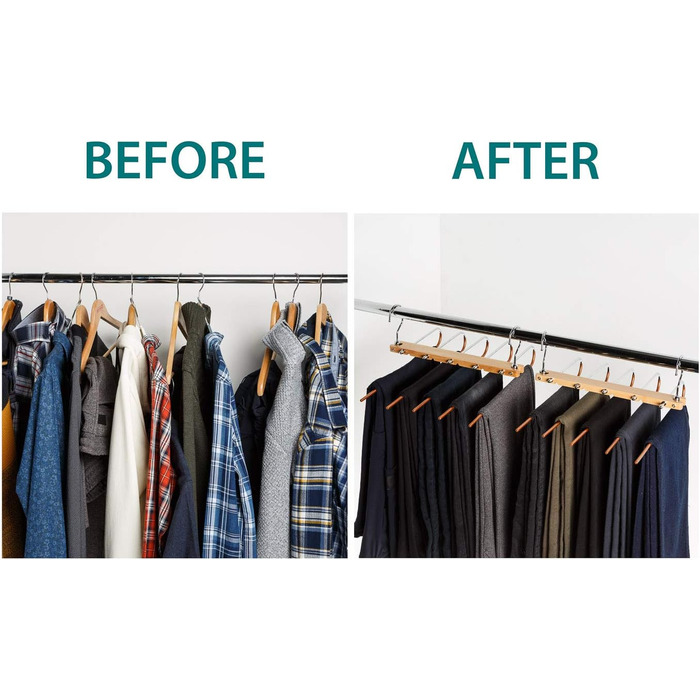 2 Pack Space-Saving Multi-Tiered Hanger - 5 in 1 Pants & Clothes Hanger Made of Wood and Stainless Steel Extendable - Foldable Multi-Hanger - Clothes Hanger Holder - Magic Pant Hangers