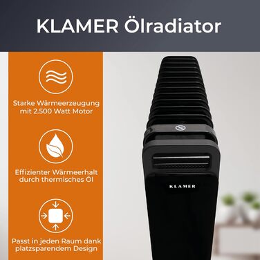 KLAMER Oil Radiator 2500 W, Electric Heater Energy-Saving, 13 Fins, 3 Heating Levels with Eco Mode, 24h Timer, Thermostat, Overheat & Tip-Over Protection, with Remote Control, for Indoor Use, Black