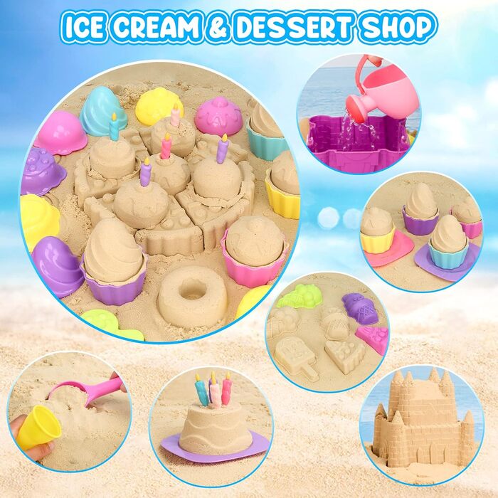 Joyreal 48-Piece Sand Toy ICE Set Girls Boys - Sandbox Toys Beach Toys Kids with Castle Bucket, Sand Shovel, ICE Cream, Dessert, Vehicle for Kids 3 4 5 6 7 Years