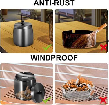 Склянка для сигарет на вулицю з кришкою, нержавіюча сталь, чорна. Антиковзаюча основа для використання на вулиці та в приміщенні