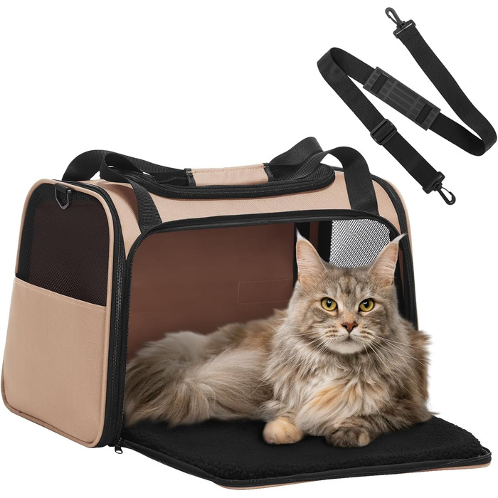 Транспортна переноска для котів та маленьких собак Petfit - легка переноска для подорожей літаком, з ременем безпеки та розкладною підстилкою, колір хакі (L)