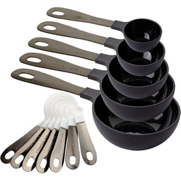 Measuring Cup Set and Measuring Spoon Set, Stainless Steel Handles, Nesting Kitchen Measuring Set, Liquid Measuring Cup Set, 12-Piece, Stainless Steel, Black/White