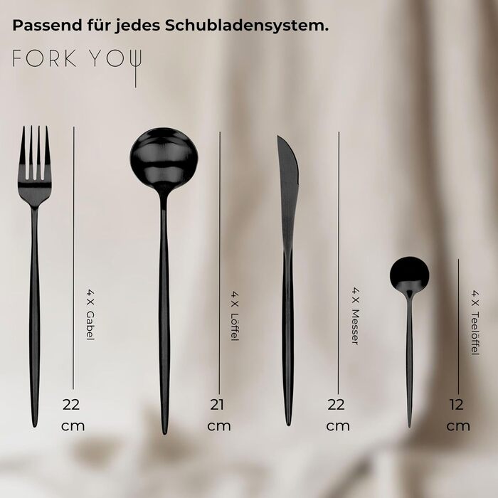 FORK YOU Cutlery Set Black Matt (16-piece), Stainless Steel, Table Cutlery for 4 People, Dishwasher-Safe, Gift Set in High-Quality Gift Box