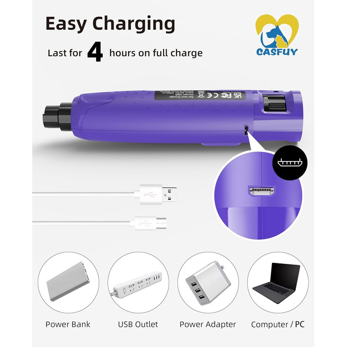 Електричний точилка для кігтів собак Casfuy - 6 режимів, 45 dB, з LED-підсвіткою, для великих, середніх та маленьких собак, з захистом від пилу (білий, фіолетовий)